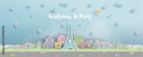 Canvas Print Panorama of world famous landmark of Paris, France in paper cut style with hand drawn vector illustration for postcard and travel poster