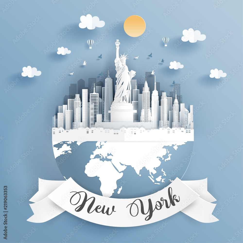 Paper cut style of world famous landmark of New York City landscape, America on the earth with label. Vector illustration.