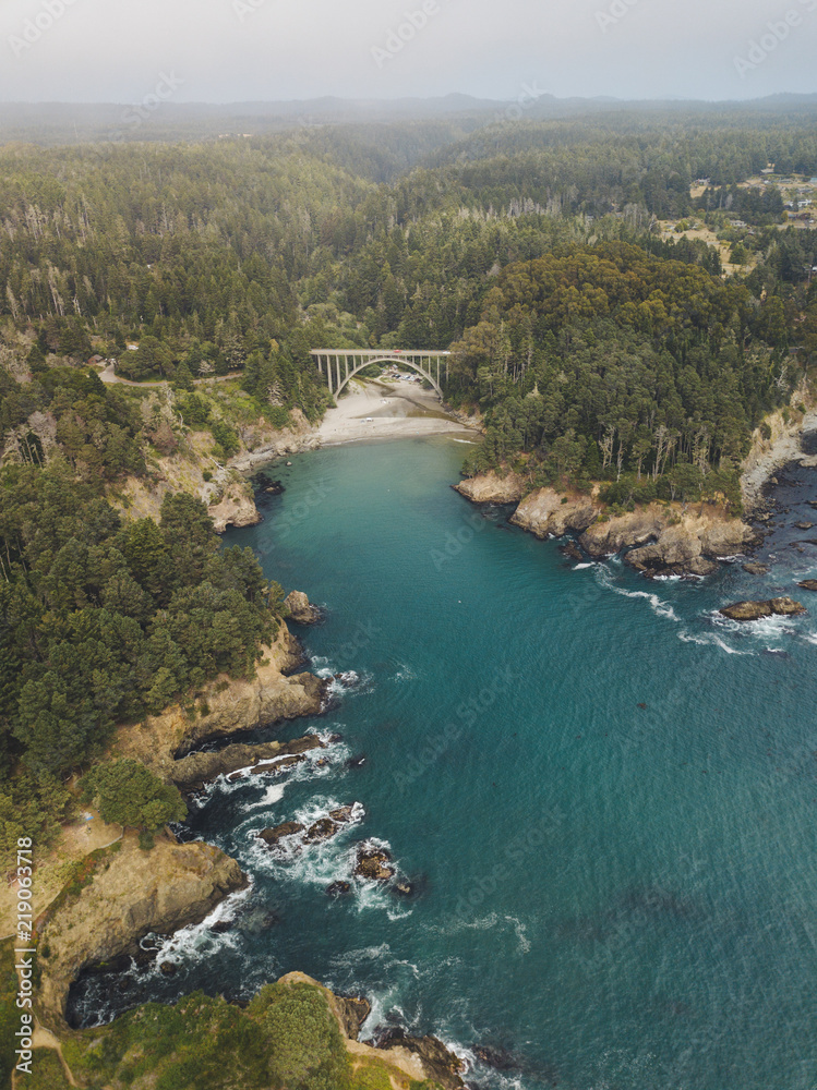 Aerial Drone Shot Russian Gulch National Park Bridge Sea Forest Sky