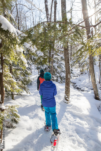 Obraz na płótnie Pair of female friends snowshoeing in forest. w salonie
