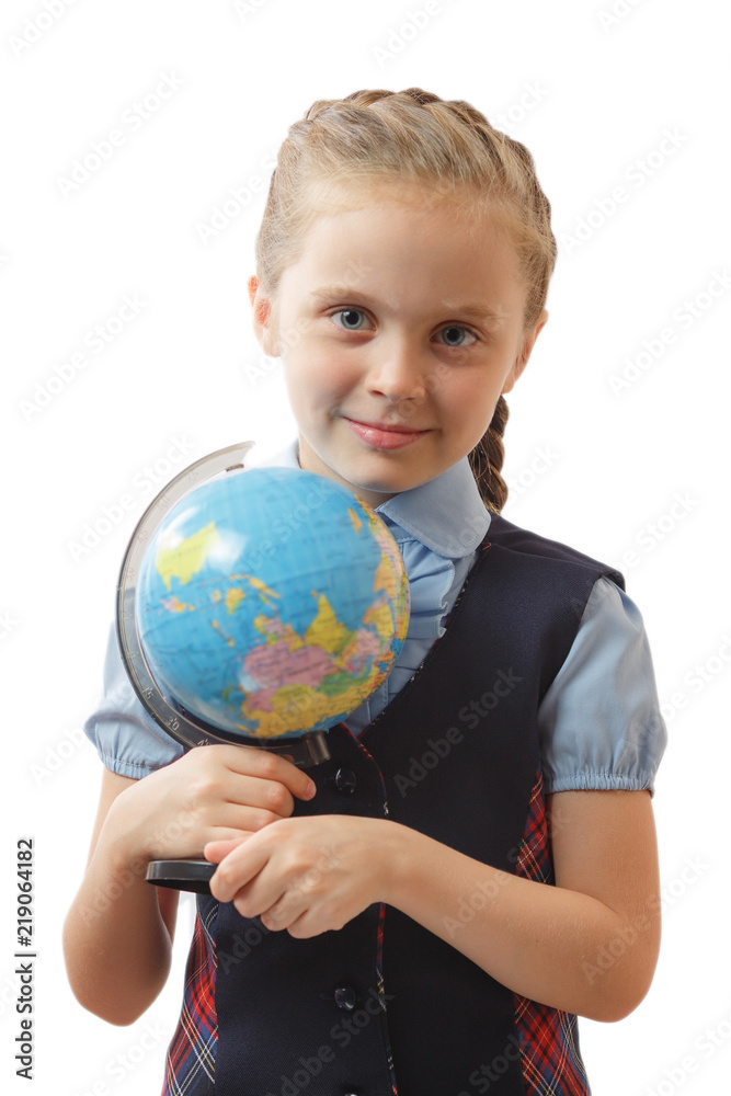 girl holding a world globe on a white background girl holding a world globe on a white background