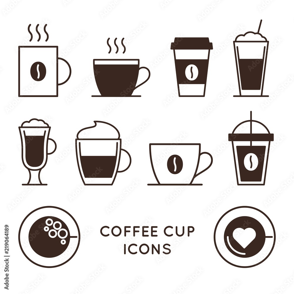 Coffee and tea cups linear icons set. Disposable coffee cup and hot drink  mug vector symbols. Coffee shop design elements. Cafe and restaurant  corporate identity. Coffee house outline web pictograms. Stock Vector