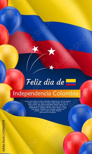 Happy Independence day festive poster. Colombian national holiday celebrated 20th of July. Patriotic vector concept with realistic waving colombian flag and colorful helium balloons on blue background