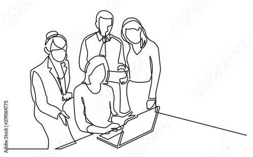continuous line drawing of office workers discussion with laptop computer