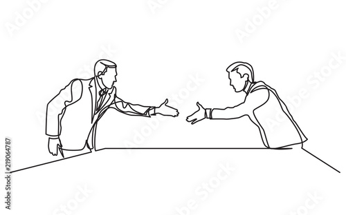 continuous line drawing of two businessmen shaking hands at business meeting