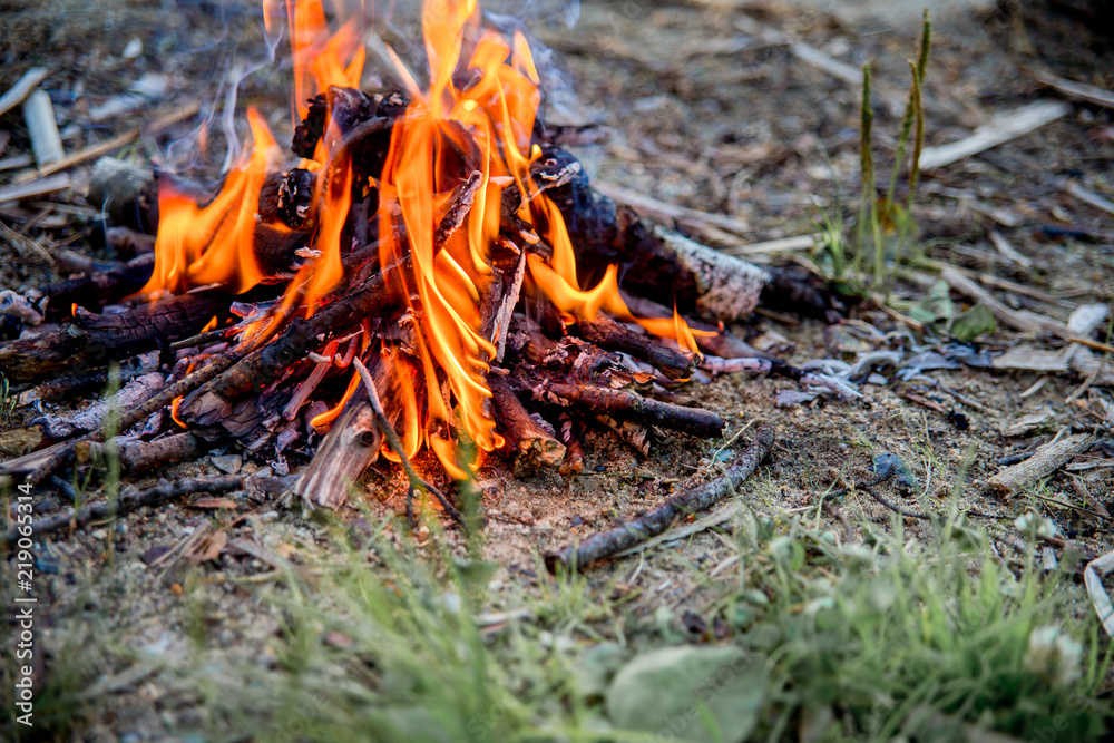 Beautiful campfire in the evening at lake. Fire burning in dusk at campsite Beautiful campfire in the evening at lake. Fire burning in dusk at campsite