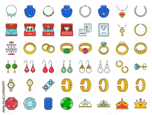 diamond, gemstones and jewelry related, filled outline icon set