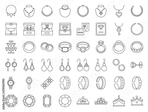 Vászonkép diamond, gemstones and jewelry related, thin line icon set
