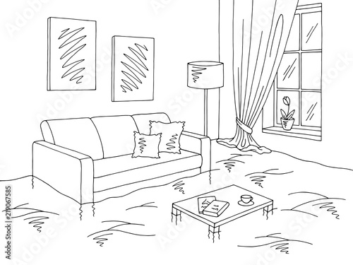 Flood living room graphic black white home interior sketch illustration vector