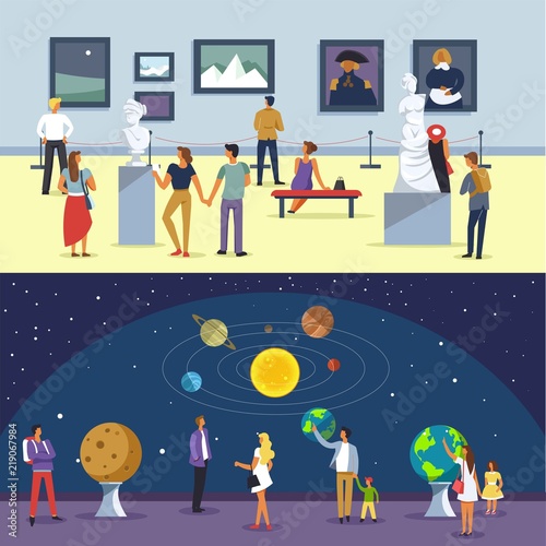 People in museum vector space and art exhibition