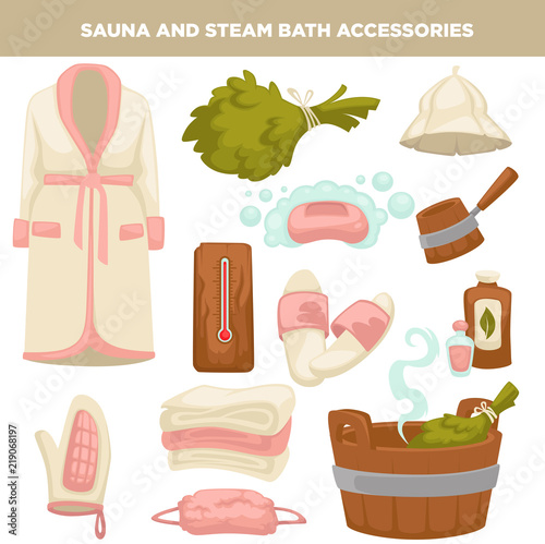 Equipment and clothes for bathhouse in pink color. 