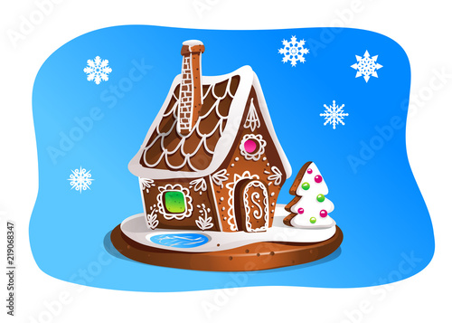 Hand drawnin gingerbread house isolated on blue background. Christmas cookies. Brown and white colors.