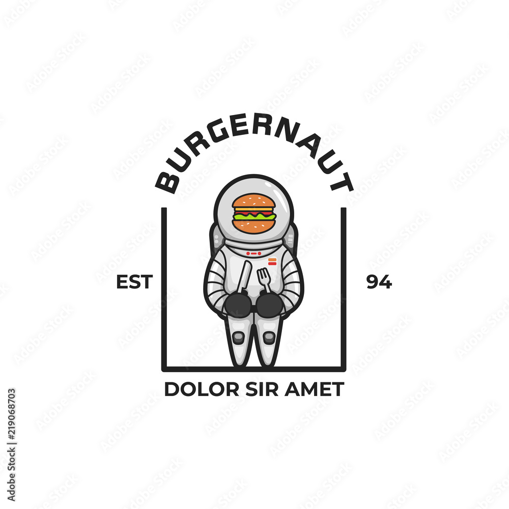 Burgernaut character mascot logo icon. Astronaut american burger food character illustration