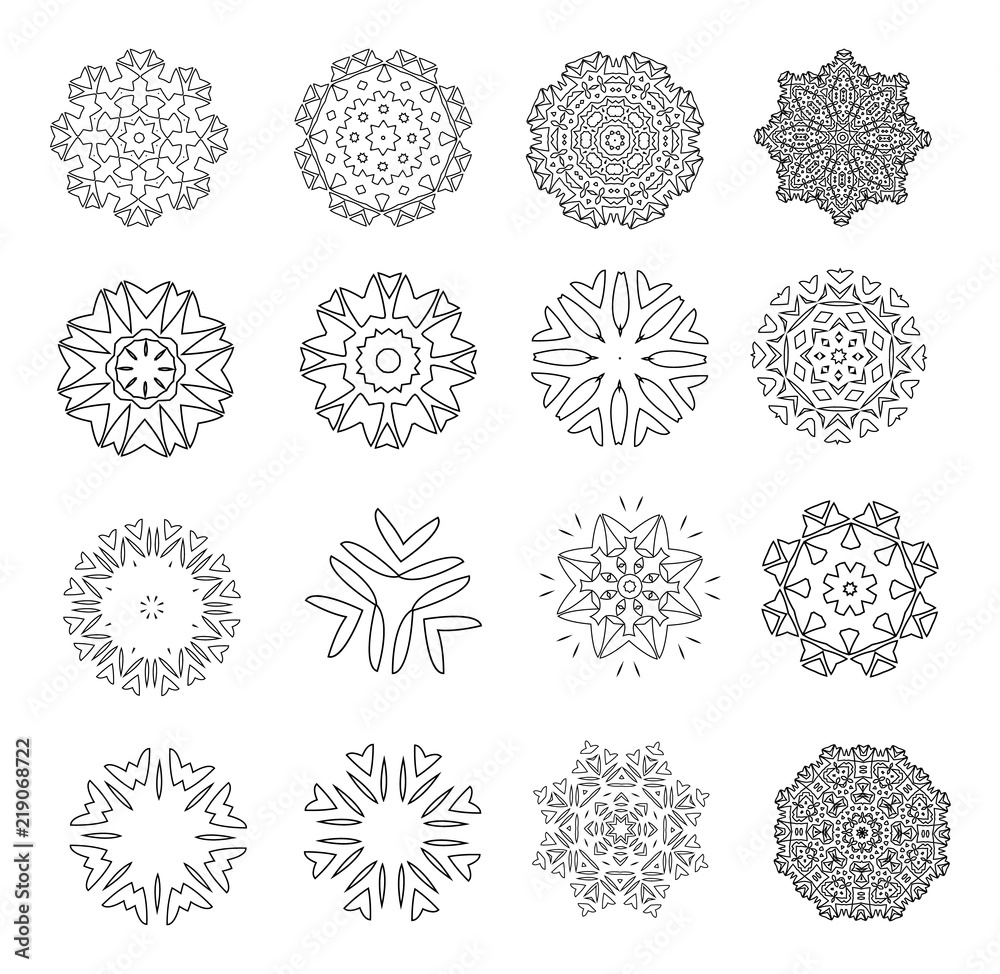 6057492 Abstract floral motifs. Lacy snowflakes. Mandala or Arabesque for coloring. Set. collection. Black and white vector illustration 6057492 Abstract floral motifs. Lacy snowflakes. Mandala or Arabesque for coloring. Set. collection. Black and white vector illustration