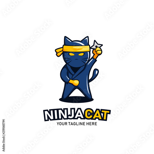 Ninja cat logo icon mascot. Animal cat ninja with shuriken character illustration sticker