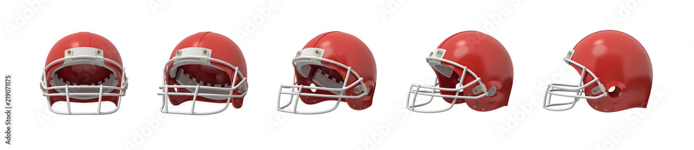 Fototapeta premium 3d rendering set of American football helmets in red color isolated on white background.