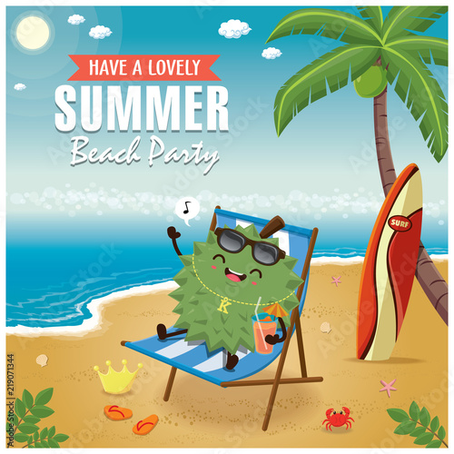Vintage Summer poster with durian character, beach chair, palm tree.