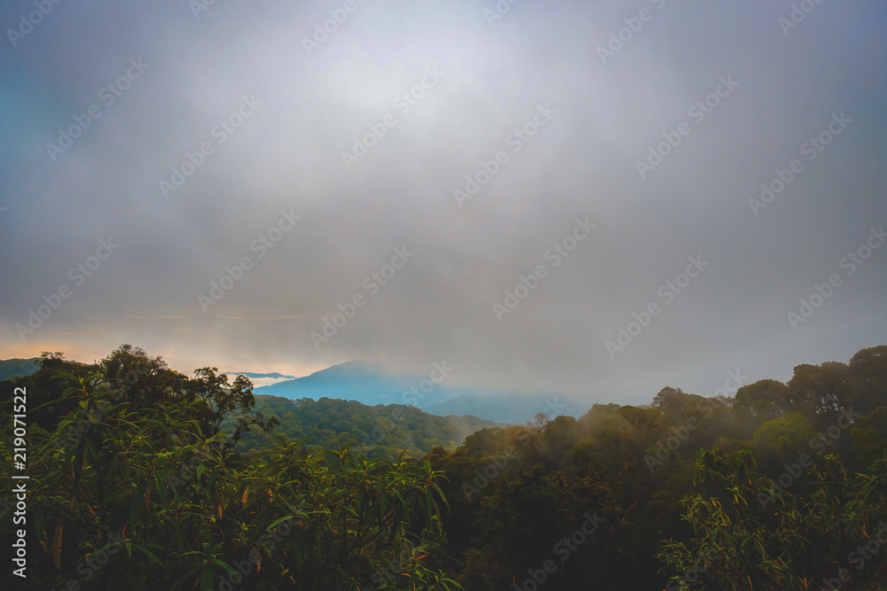 high mountains peaks range clouds in fog scenery landscape national park view outdoor  at Chiang Rai, Chiang Mai Province, Thailand