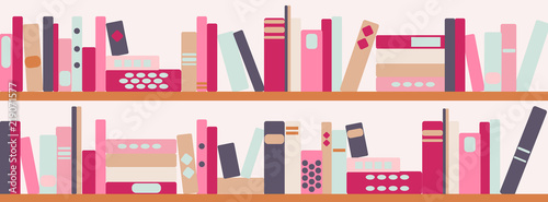 illustration of bookshelves with retro style books
