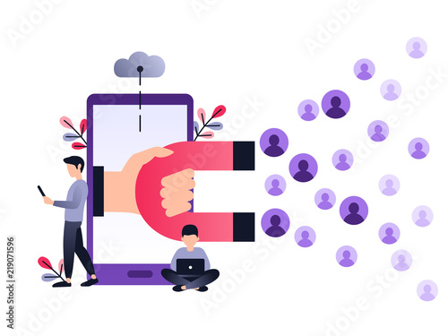 Social media ultra violet concept vector illustration with magnet engaging followers and likes. Inbound marketing or customer retention strategy. Small people with laptop and smartphone. photo