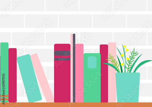 illustration of bookshelves with retro style books