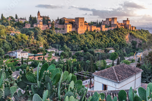 Sunset view over Granada, Alhambra fortress complex and Nazrid palace in Spain