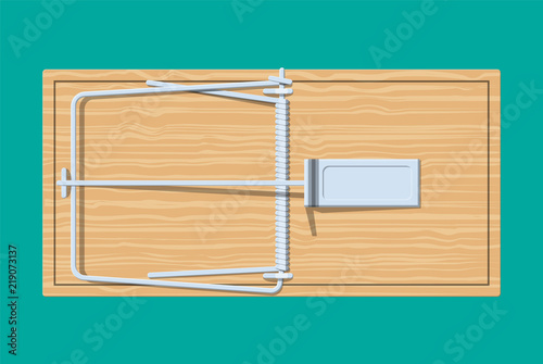 Wooden mouse trap, classical spring loaded bar trap. Top view. Vector illustration in flat style
