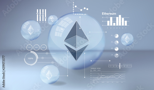 Cryptocurrency icon and info graphic with buble style on blue background:ETH icon