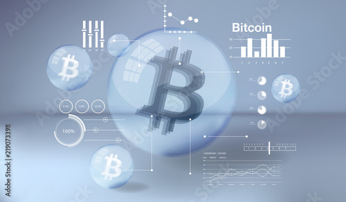 Cryptocurrency icon and info graphic with buble style on blue background:BTC icon