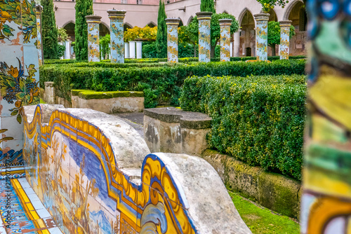Naples Italy Cloister of Saint Claire with fine decorations on maiolics. (Chiostro di Santa Chiara Napoli)