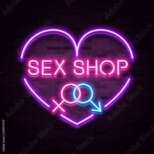 Sex shop logo, neon realistic text design, adult store, vector illustration