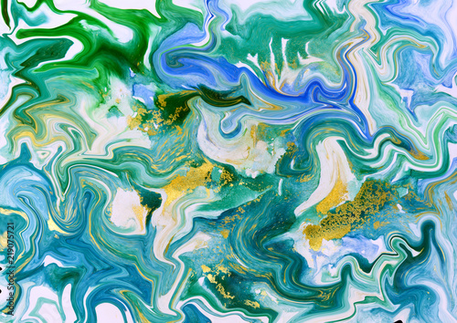 Blue, green and golden abstract marbled texture.