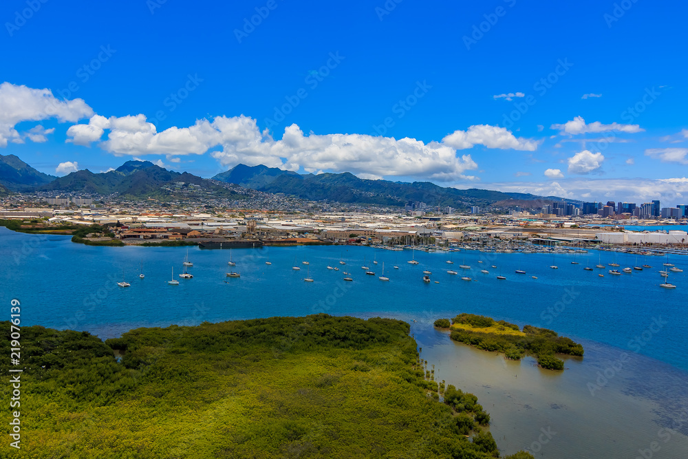 Aerial view of the port and mountains in Honolulu Hawaii
