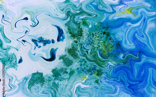 Blue, green and golden abstract marbled texture.
