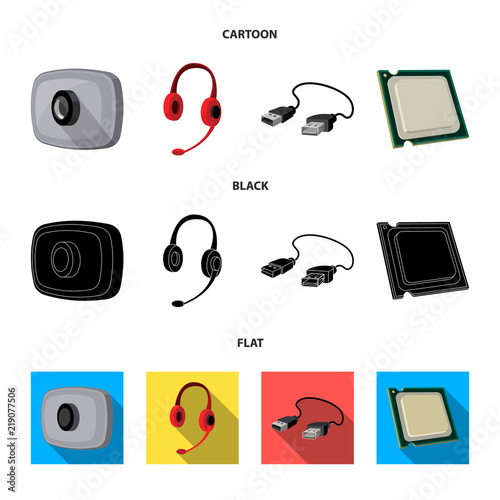 Webcam, headphones, USB cable, processor. Personal computer set collection icons in cartoon,black,flat style vector symbol stock illustration web.