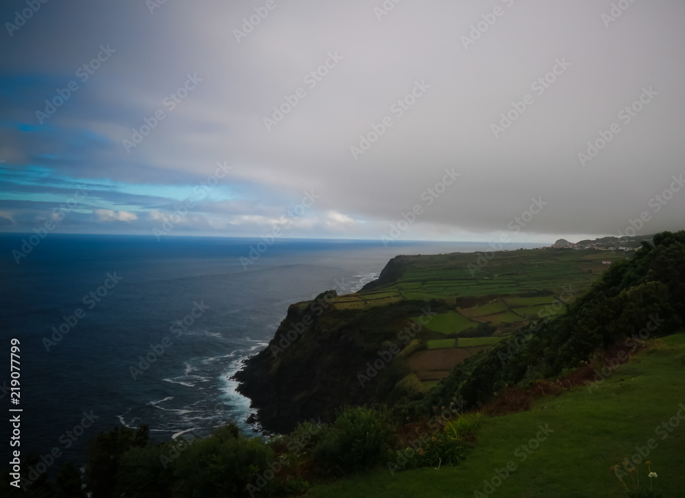 Panoramic view to Terceira island coastline from Miradouro do Raminho viewpoint, Azores, Portugal