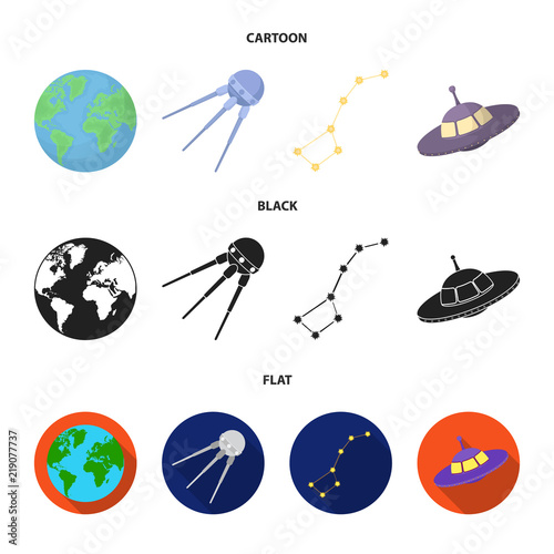 Planet Earth with continents and oceans, flying satellite, Ursa Major, UFO. Space set collection icons in cartoon,black,flat style vector symbol stock illustration web.