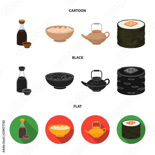 Soy sauce, noodles, kettle.rolls.Sushi set collection icons in cartoon,black,flat style vector symbol stock illustration web.