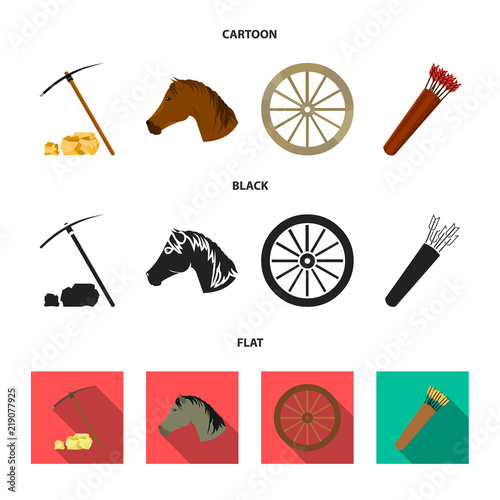 Pickax hoe, horse head, wheel cart, quiver with arrows.Wild west set collection icons in cartoon,black,flat style vector symbol stock illustration web.