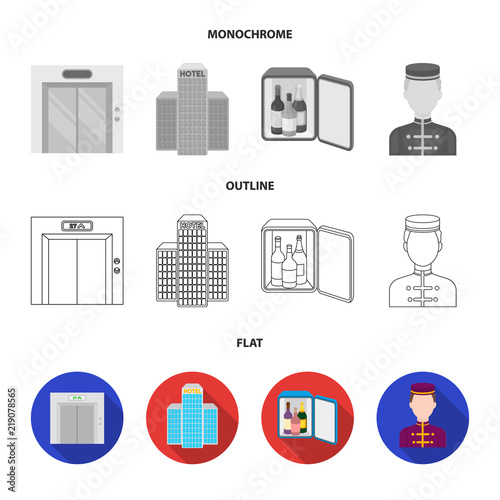 Elevator car, mini bar, staff, building.Hotel set collection icons in flat,outline,monochrome style vector symbol stock illustration web.