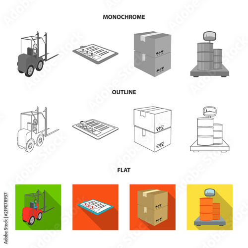 Forklift, delivery slips, packaged goods, cargo on weighing scales. Logistics and delivery set collection icons in flat,outline,monochrome style isometric vector symbol stock illustration web.
