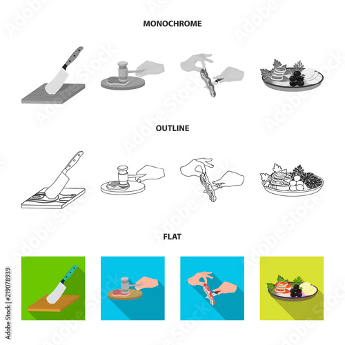 Cutlass on a cutting board, hammer for chops, cooking bacon, eating fish and vegetables. Eating and cooking set collection icons in flat,outline,monochrome style vector symbol stock illustration web.