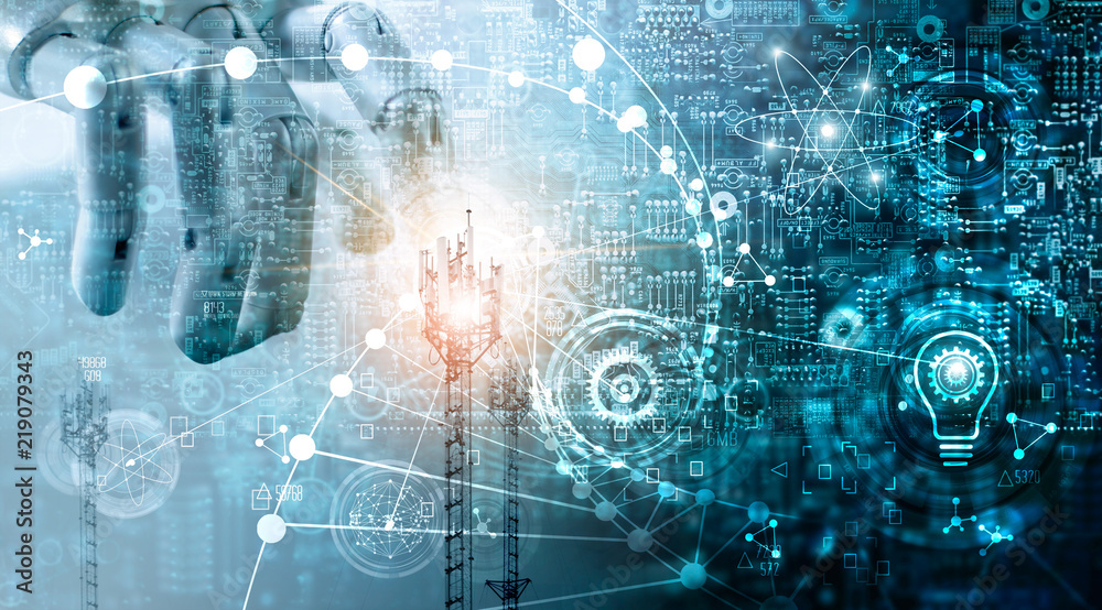 Naklejka premium Futuristic technology concept, Mixed media, Innovations data systems connecting people and robots devices. AI, Artificial Intelligence, Robotic hand on blue circuit board background.