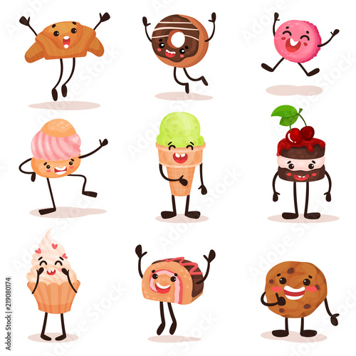 Funny humanized desserts cartoon characters set, croissant, donut, cake, ice cream, cookie with funny faces vector Illustration on a white background