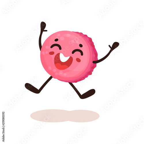 Cute pink glazed donut with smiling face, funny humanized dessert cartoon character vector Illustration on a white background