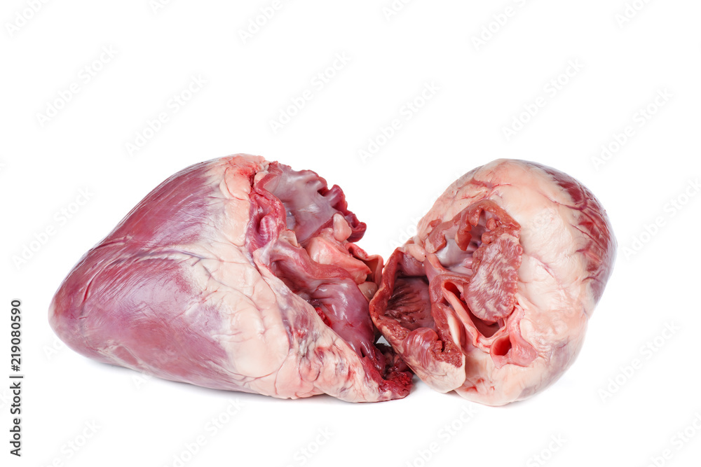 Two raw pork hearts