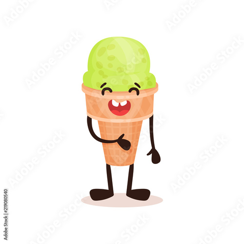 Ice cream in waffle cone with smiling face, funny humanized dessert cartoon character vector Illustration on a white background