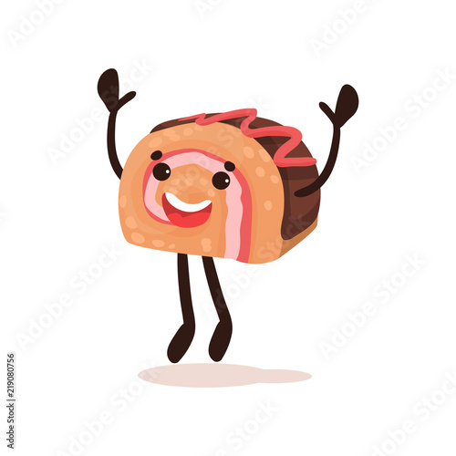 Cute happy chocolate roll cake, funny humanized dessert cartoon character vector Illustration on a white background