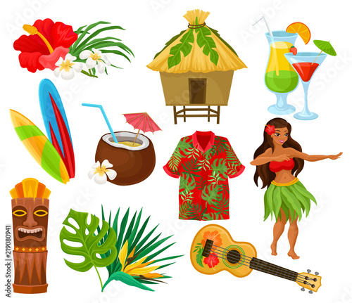 Traditional symbols of Hawaiian culture set, hibiscus flower, bungalow, surfboard, tiki tribal mask, ukulele, exotic cocktails vector Illustrations on a white background