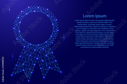 Abstract seal certificate award with ribbons from futuristic polygonal blue lines and glowing stars for banner, poster, greeting card. Vector illustration.